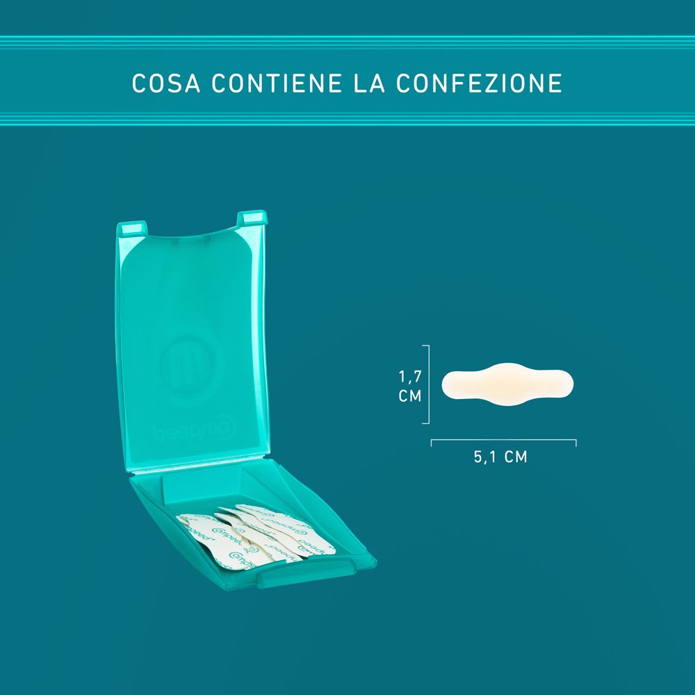 Geöffnete COMPEED®-Verpackung mit Pflastern. Ein Pflaster ist sichtbar, Maße: 1,7 cm x 5,1 cm.