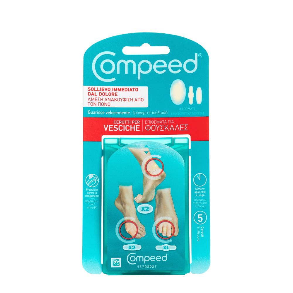 Confezione di COMPEED® Cerotti per Vesciche Misto. Contiene cerotti di diverse forme. Confezione turchese e bianca.