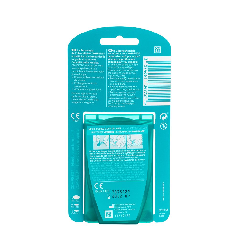 Retro della confezione COMPEED® Cerotti per Vesciche Misto. Contiene informazioni e istruzioni. Marchio CE.