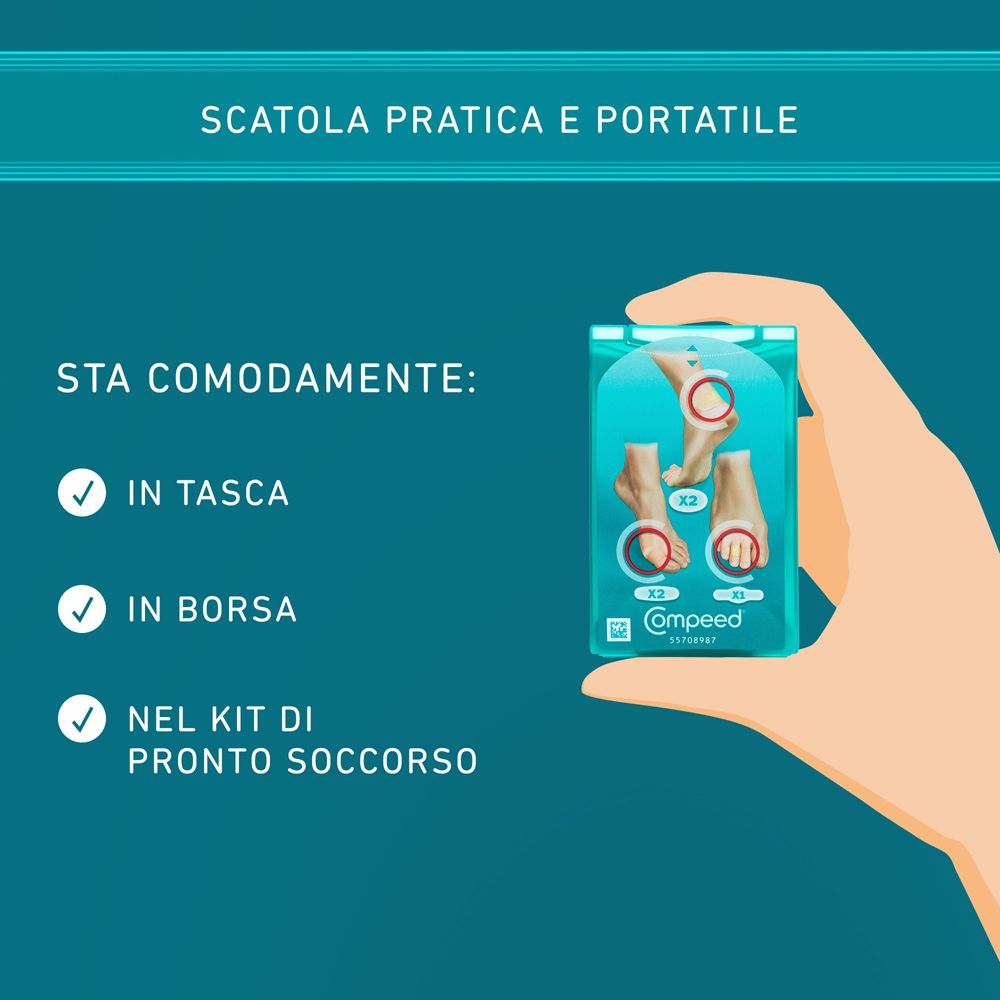 Mano che tiene la confezione COMPEED® Cerotti per Vesciche Misto. Testo: Sta in tasca, in borsa e nel kit di pronto soccorso.