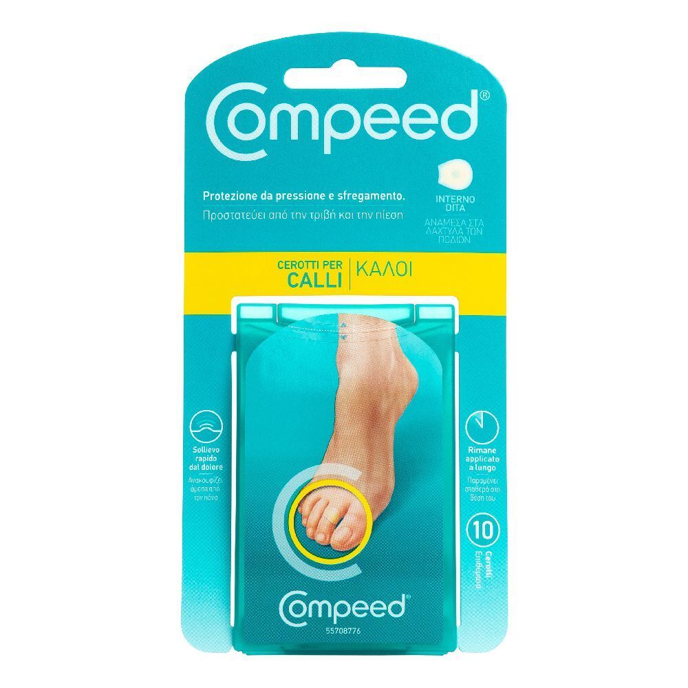 Confezione di COMPEED® Cerotti per Calli Interno Dita. Mostra un piede con alluce evidenziato. Contiene 10 cerotti.