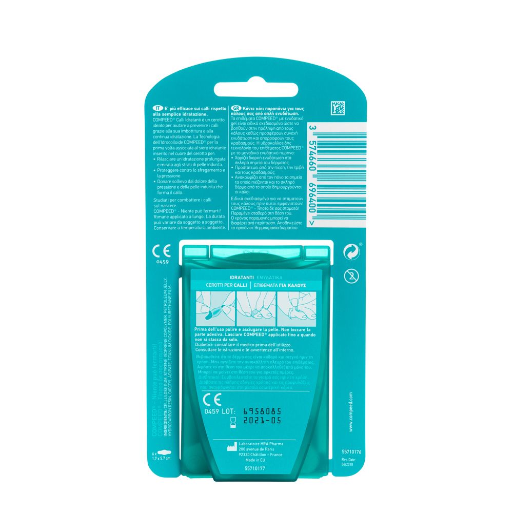 Retro della confezione COMPEED®. Contiene informazioni in più lingue, marchio CE e numero di lotto.
