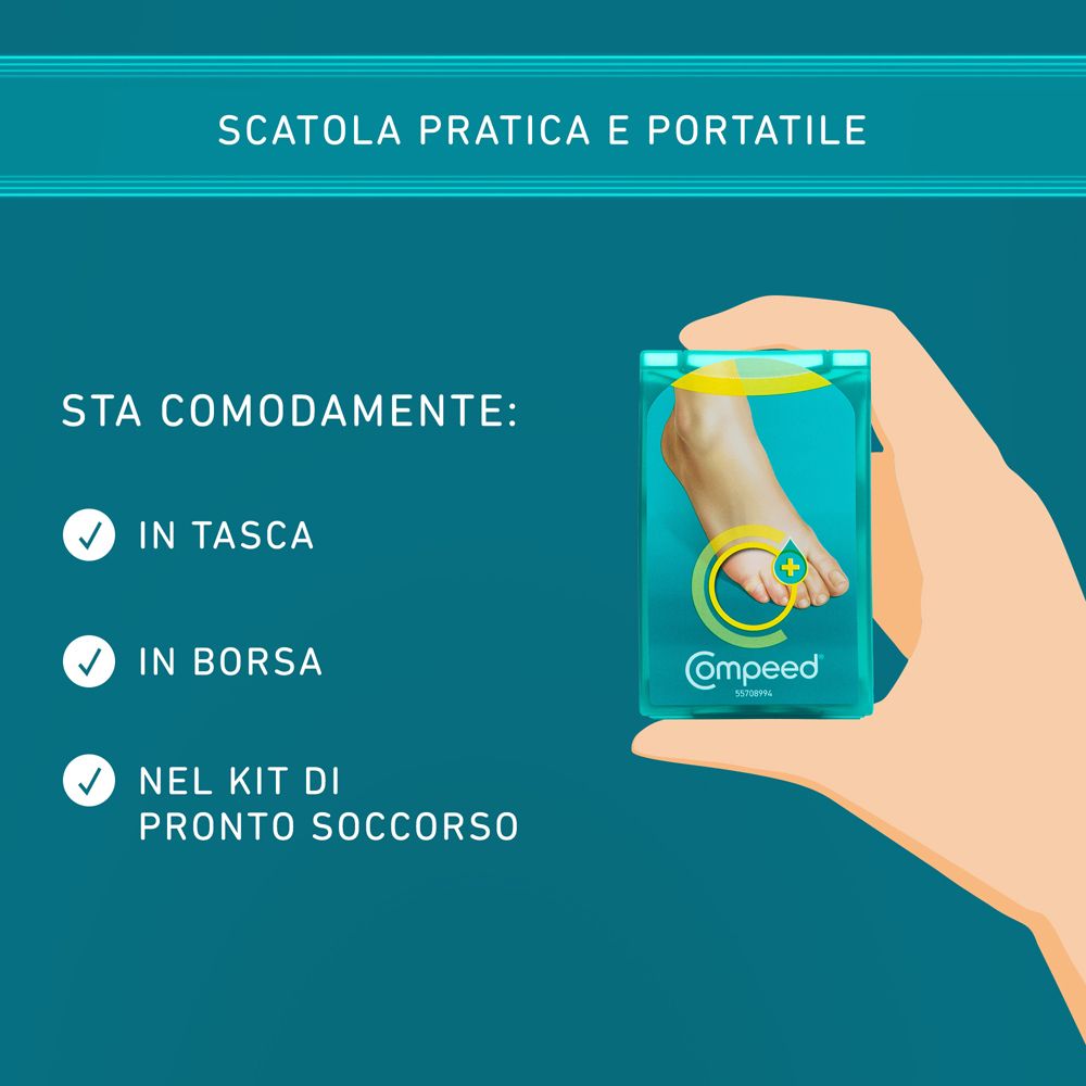 Mano che tiene una piccola confezione di cerotti COMPEED®. Testo: Sta in tasca, in borsa e nel kit di pronto soccorso.