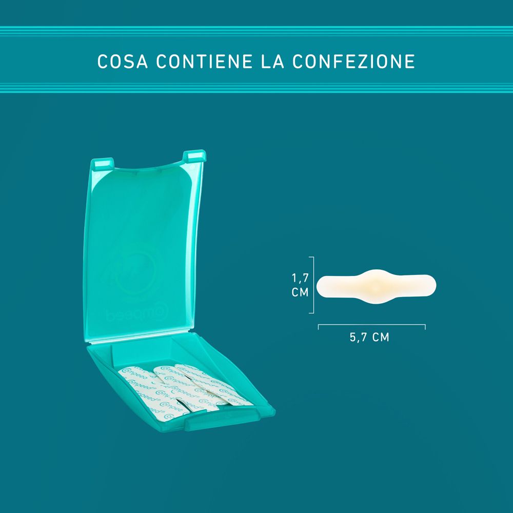 Confezione COMPEED® aperta con tre cerotti. Dimensioni: 1,7 cm x 5,7 cm.