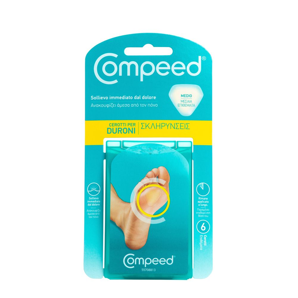 Verpackung von COMPEED® Cerotti per Duroni Medio. Türkis-weiße Verpackung mit Produktabbildung und Produktnamen.