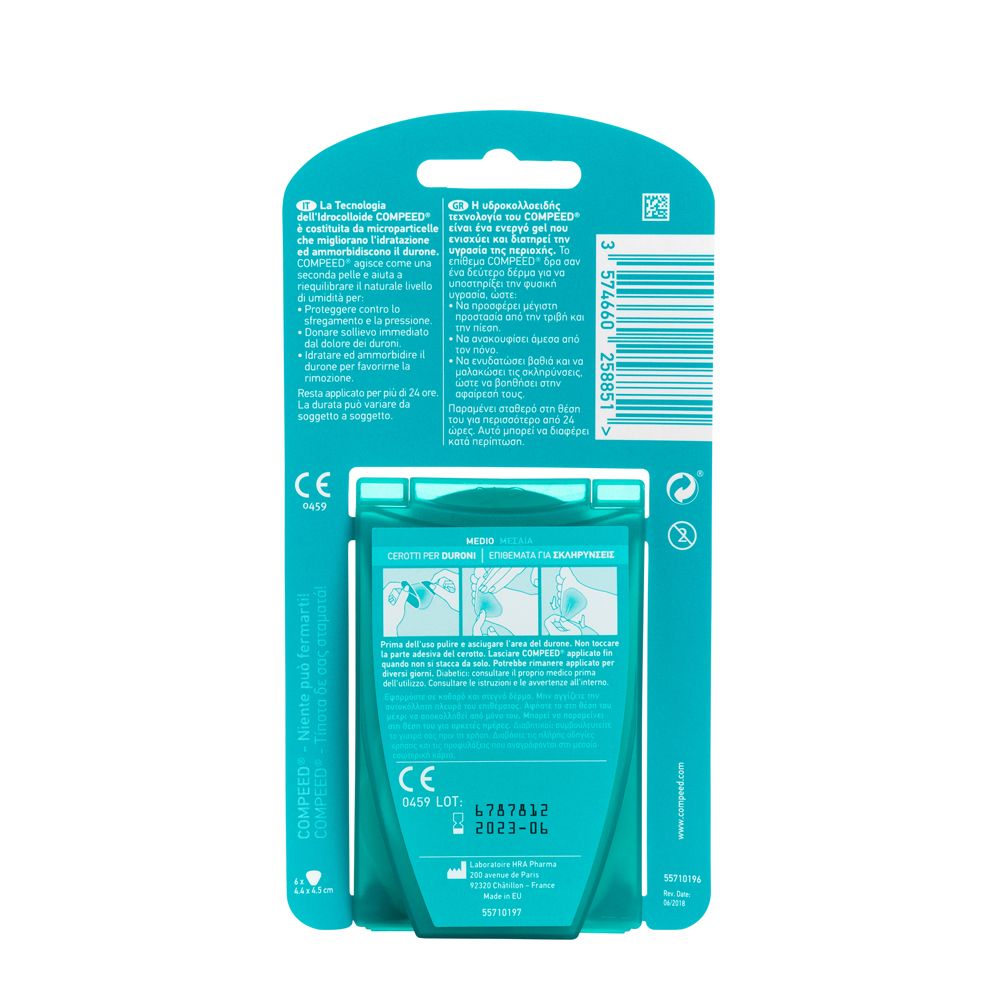 Rückseite der COMPEED® Cerotti per Duroni Medio Verpackung. Enthält Produktinformationen und CE-Kennzeichnung.