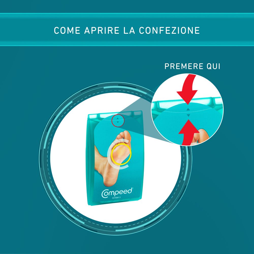 Grafik zeigt, wie die COMPEED® Cerotti per Duroni Medio Verpackung geöffnet wird. Rote Pfeile zeigen die Öffnungsrichtung.