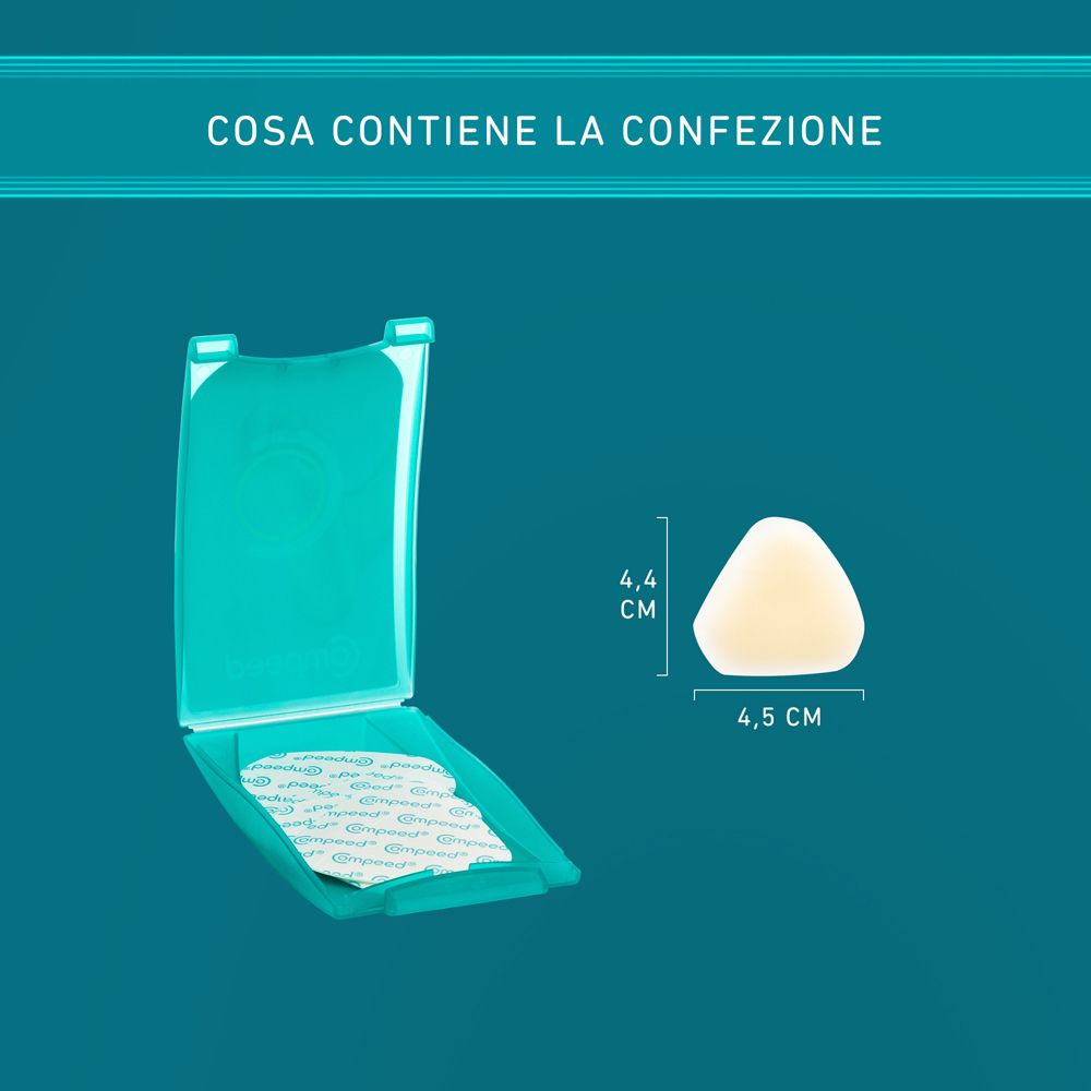 Geöffnete COMPEED® Cerotti per Duroni Medio Verpackung. Enthält Pflaster. Maße: 4,4 cm x 4,5 cm.