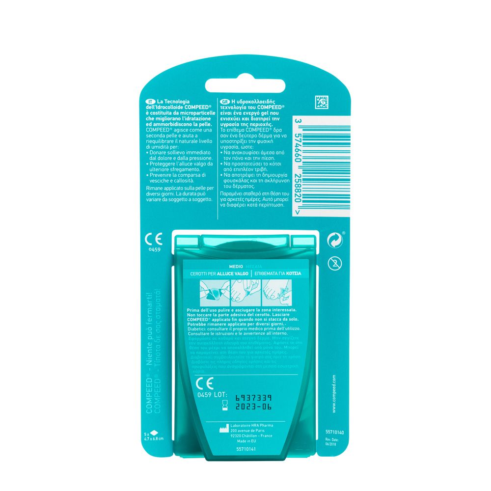 Retro della confezione COMPEED® per alluce valgo. Contiene informazioni e istruzioni per l'uso.