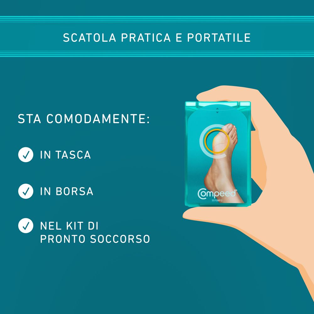Mano che tiene la confezione COMPEED®. Testo: Sta in tasca, in borsa e nel kit di pronto soccorso.