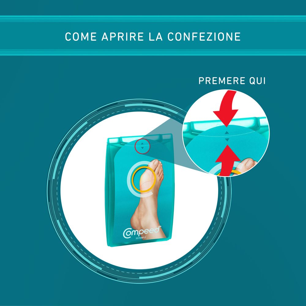 Istruzioni per aprire la confezione COMPEED®. Le frecce indicano dove premere.