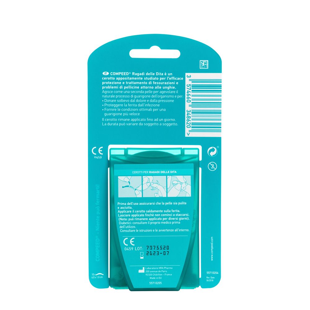 Retro confezione COMPEED® Cerotti per Ragadi delle Dita. Informazioni prodotto e marchio CE.