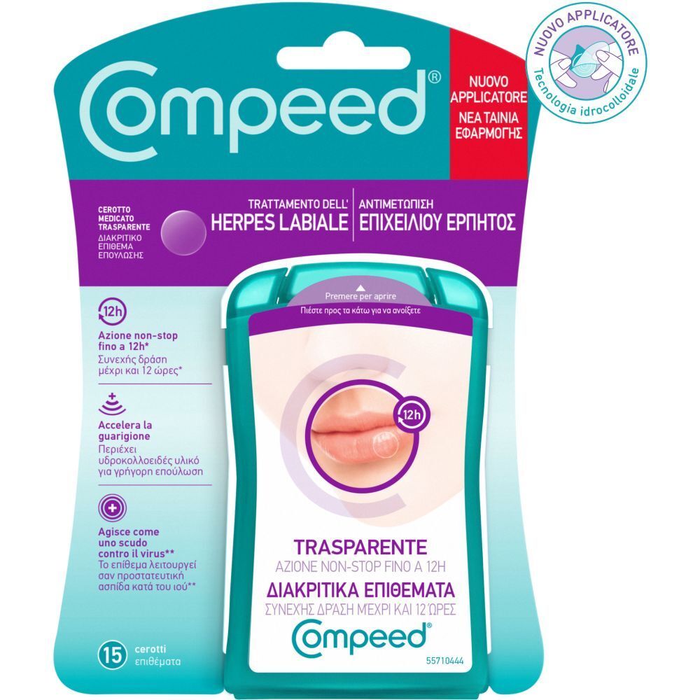 Confezione di cerotti trasparenti per herpes labiale. Marca Compeed. Contiene 15 cerotti. Con applicatore.