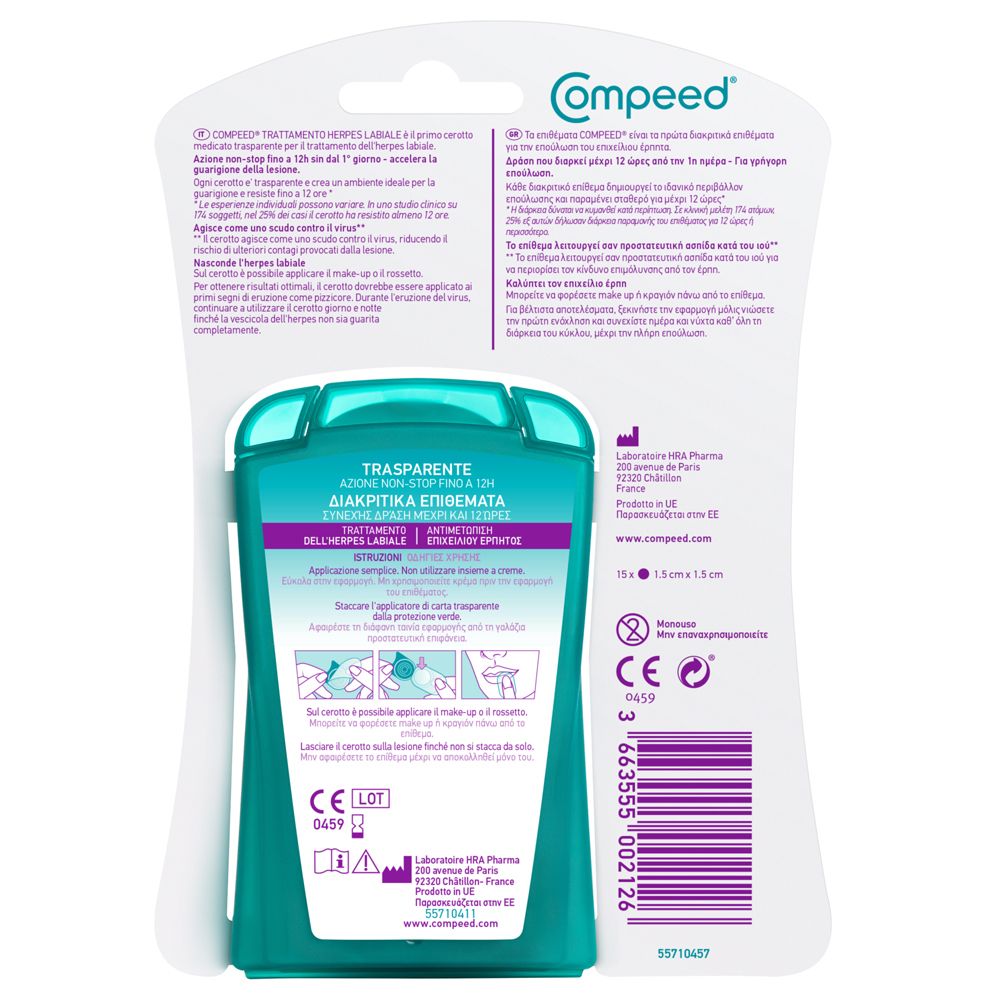 Retro della confezione con informazioni sui cerotti trasparenti per herpes. Marca Compeed. Con marchio CE.