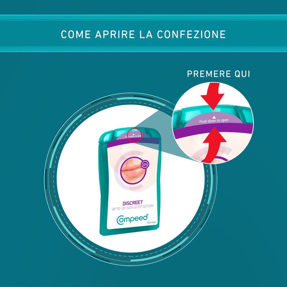 Istruzioni per aprire la confezione di cerotti trasparenti per herpes. Le frecce indicano dove premere.