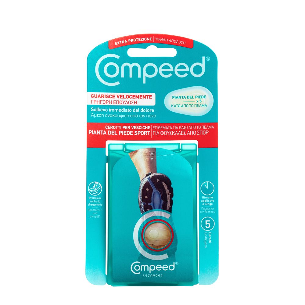 Compeed® Blasenpflaster für den Fuß, Sport. Verpackung mit 5 Pflastern. Vorderseite mit Produktabbildung und Markenlogo.