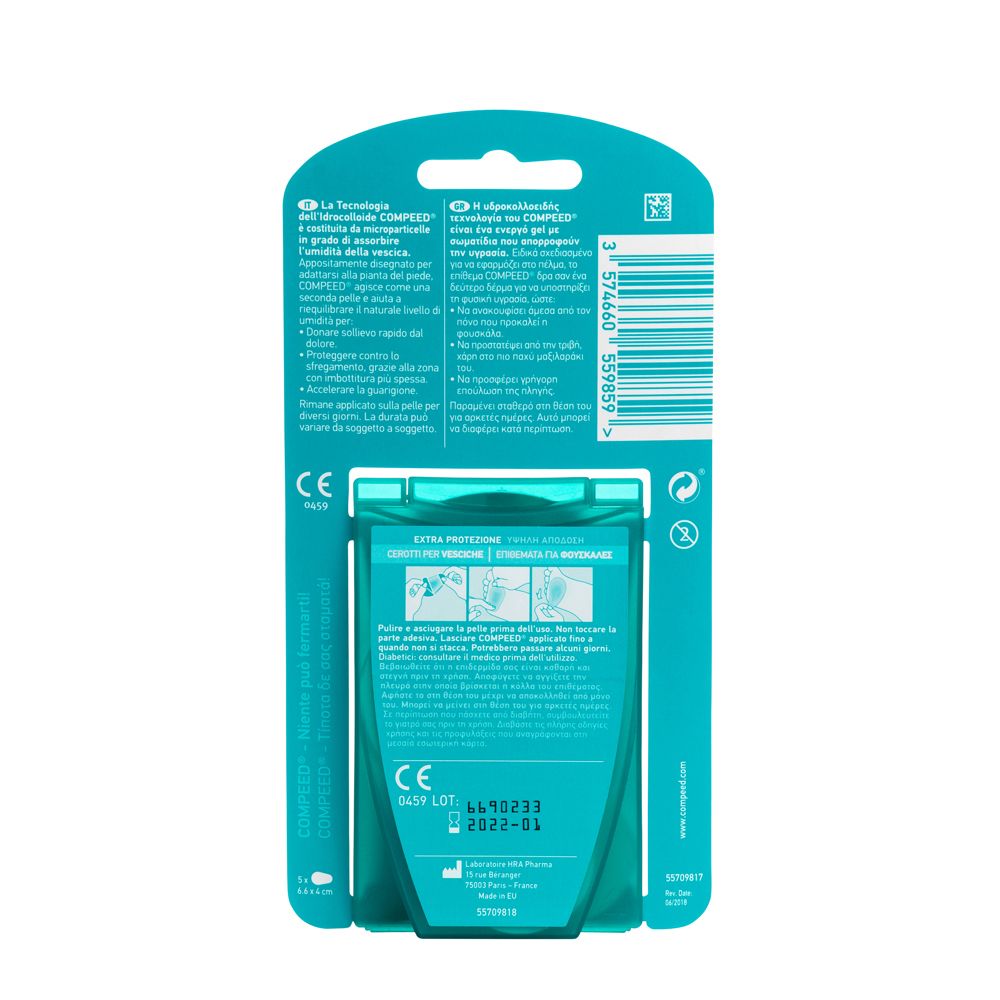 Rückseite der Compeed® Blasenpflaster-Verpackung. Informationen zu Inhaltsstoffen, Anwendung und CE-Kennzeichnung.