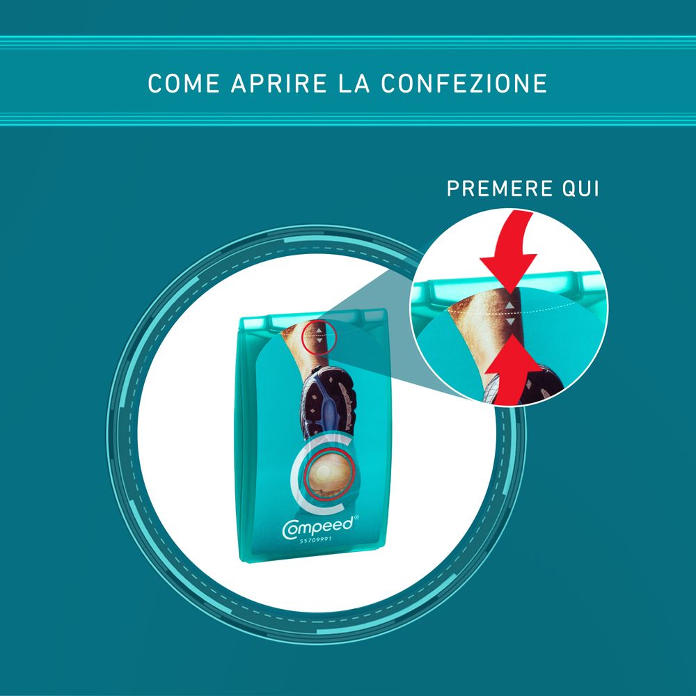 Anleitung zum Öffnen der Compeed®-Verpackung. Pfeile zeigen, wo man drücken muss.