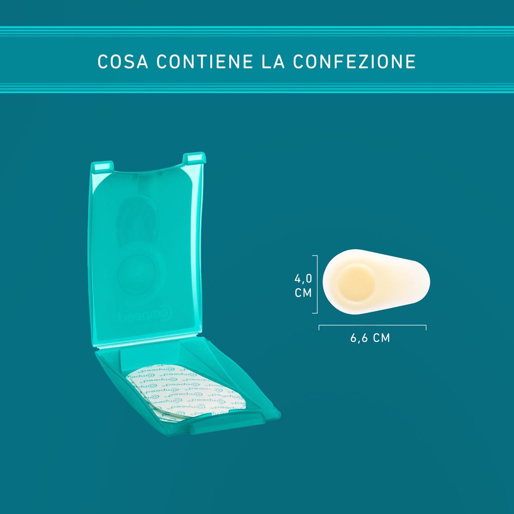 Geöffnete Compeed®-Verpackung mit Pflastern. Ein Pflaster wird mit Maßen von 4,0 x 6,6 cm gezeigt.