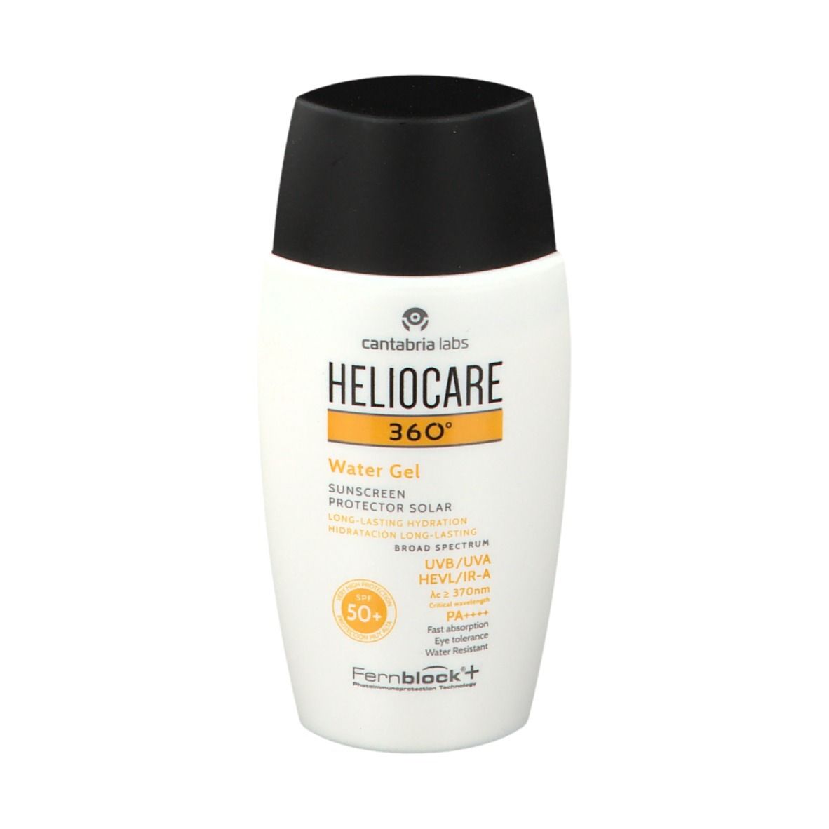 Flacone bianco con tappo nero. Scritta HELIOCARE 360° Water Gel. Area giallo-arancio con SPF 50+.