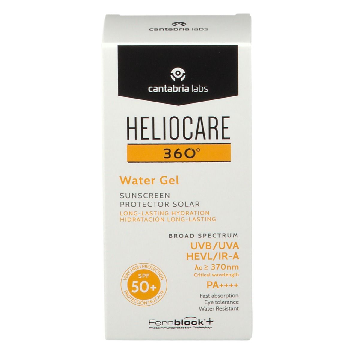 Confezione bianca con testo giallo-arancio. Scritta HELIOCARE 360° Water Gel. SPF 50+. Testo: UVB/UVA, HEVL/IR-A.