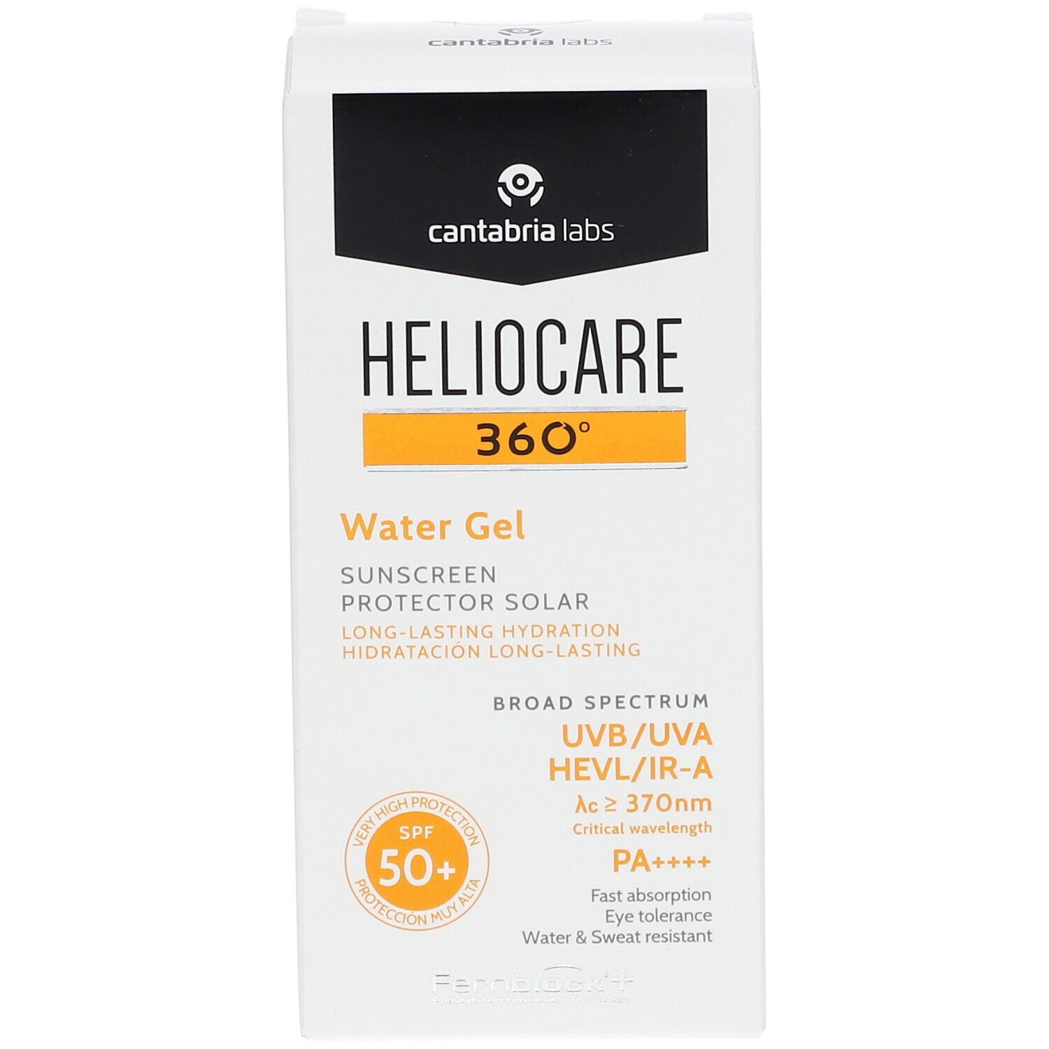 Confezione bianca con testo giallo-arancio. Scritta HELIOCARE 360° Water Gel. SPF 50+. Testo: UVB/UVA, HEVL/IR-A.