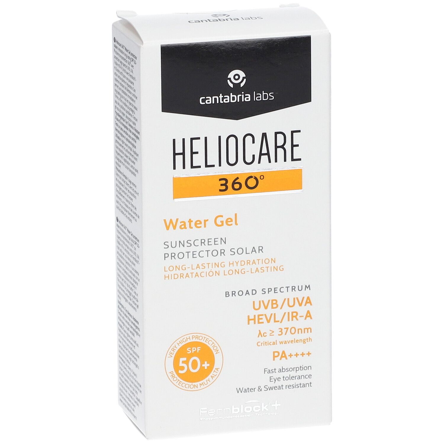 Confezione bianca con testo giallo-arancio. Scritta HELIOCARE 360° Water Gel. SPF 50+. Testo: UVB/UVA, HEVL/IR-A.