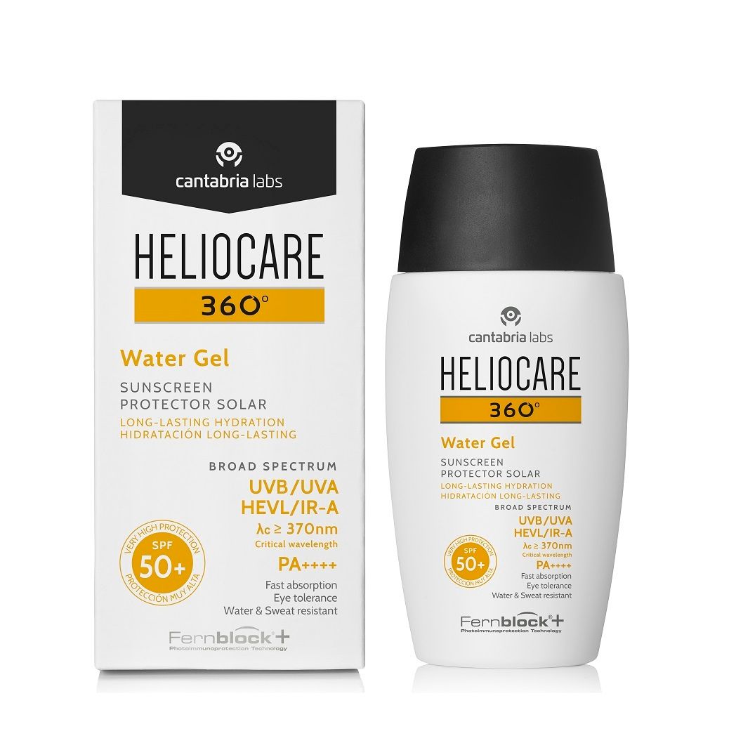 Confezione e tubo HELIOCARE 360° Water Gel LSF 50+. Confezione bianca con testo giallo-arancio. SPF 50+.