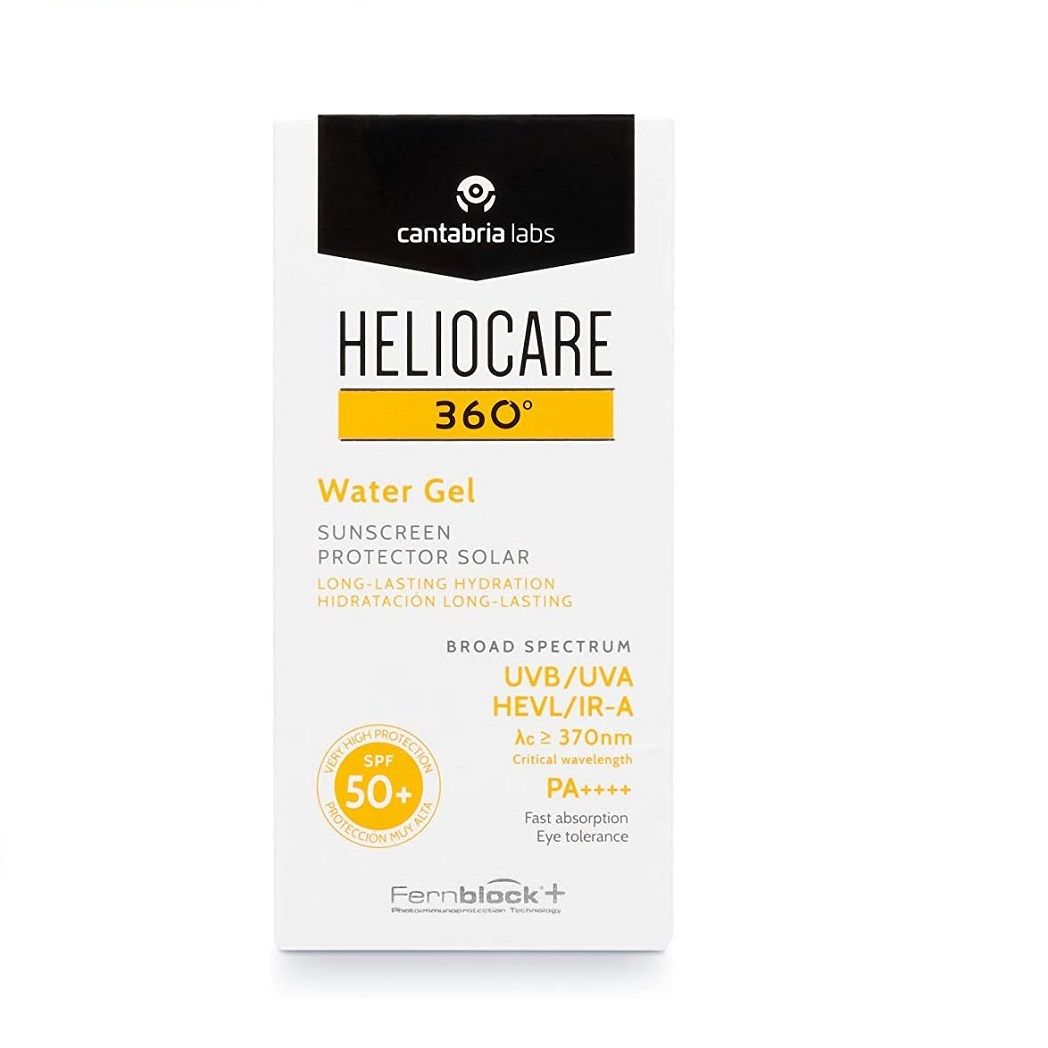 Confezione bianca con testo giallo-arancio. Scritta HELIOCARE 360° Water Gel. SPF 50+. Testo: UVB/UVA, HEVL/IR-A.