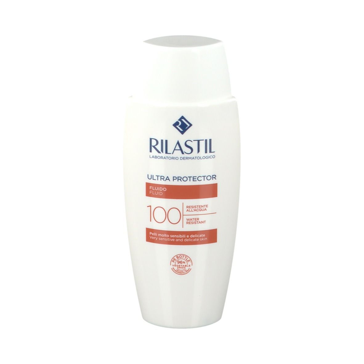 Flacone bianco con logo RILASTIL® e scritta. Striscia arancione con testo. Nome prodotto: ULTRA PROTECTOR FLUIDO 100.
