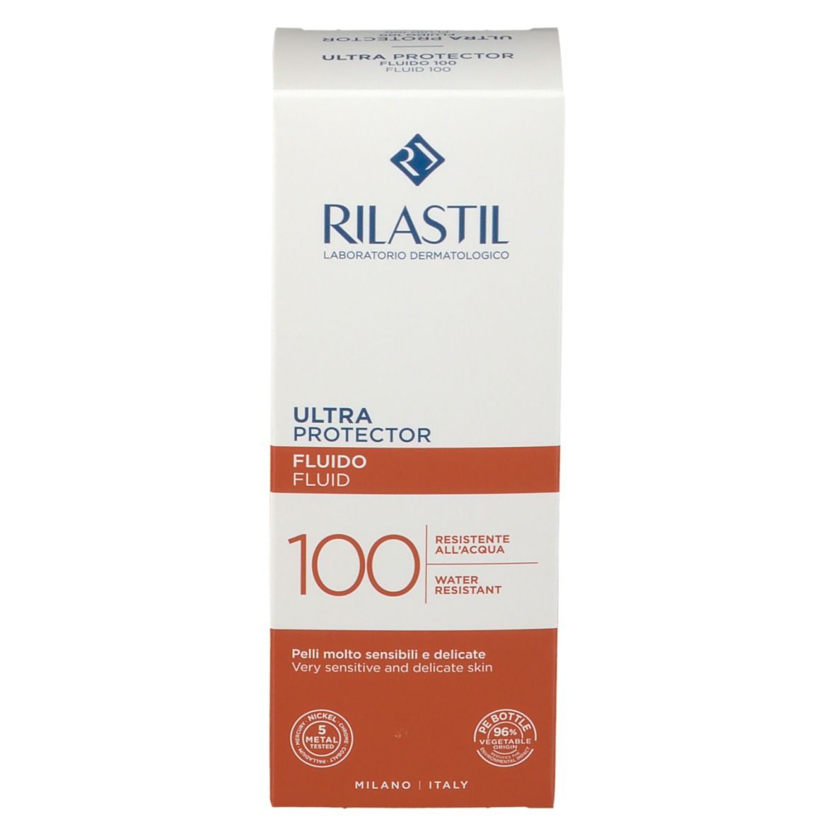Confezione del prodotto. Logo RILASTIL® e nome del prodotto: ULTRA PROTECTOR FLUIDO 100. Striscia arancione con testo. MILANO ITALIA.