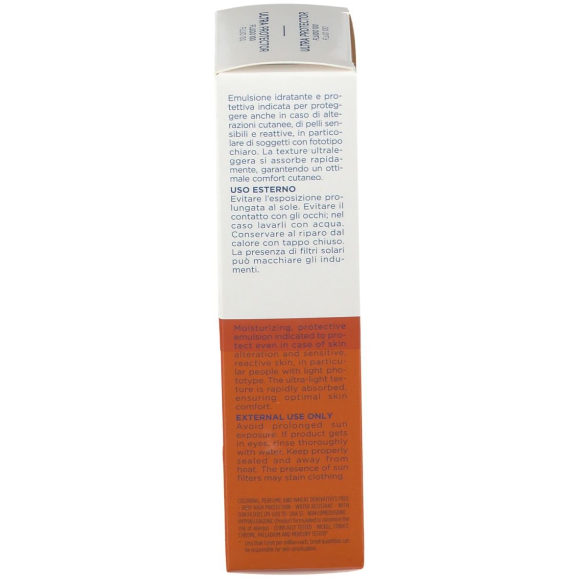 Lato della confezione del prodotto. Testo in più lingue. Nome prodotto: ULTRA PROTECTOR. Striscia arancione con testo. MILANO ITALIA.