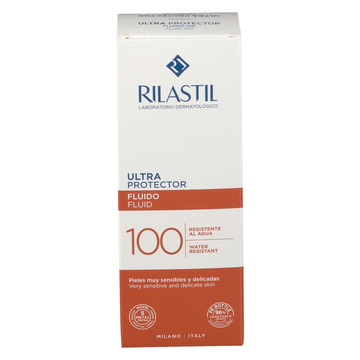 Confezione del prodotto. Logo RILASTIL® e nome del prodotto: ULTRA PROTECTOR FLUIDO 100. Striscia arancione con testo. MILANO ITALIA.