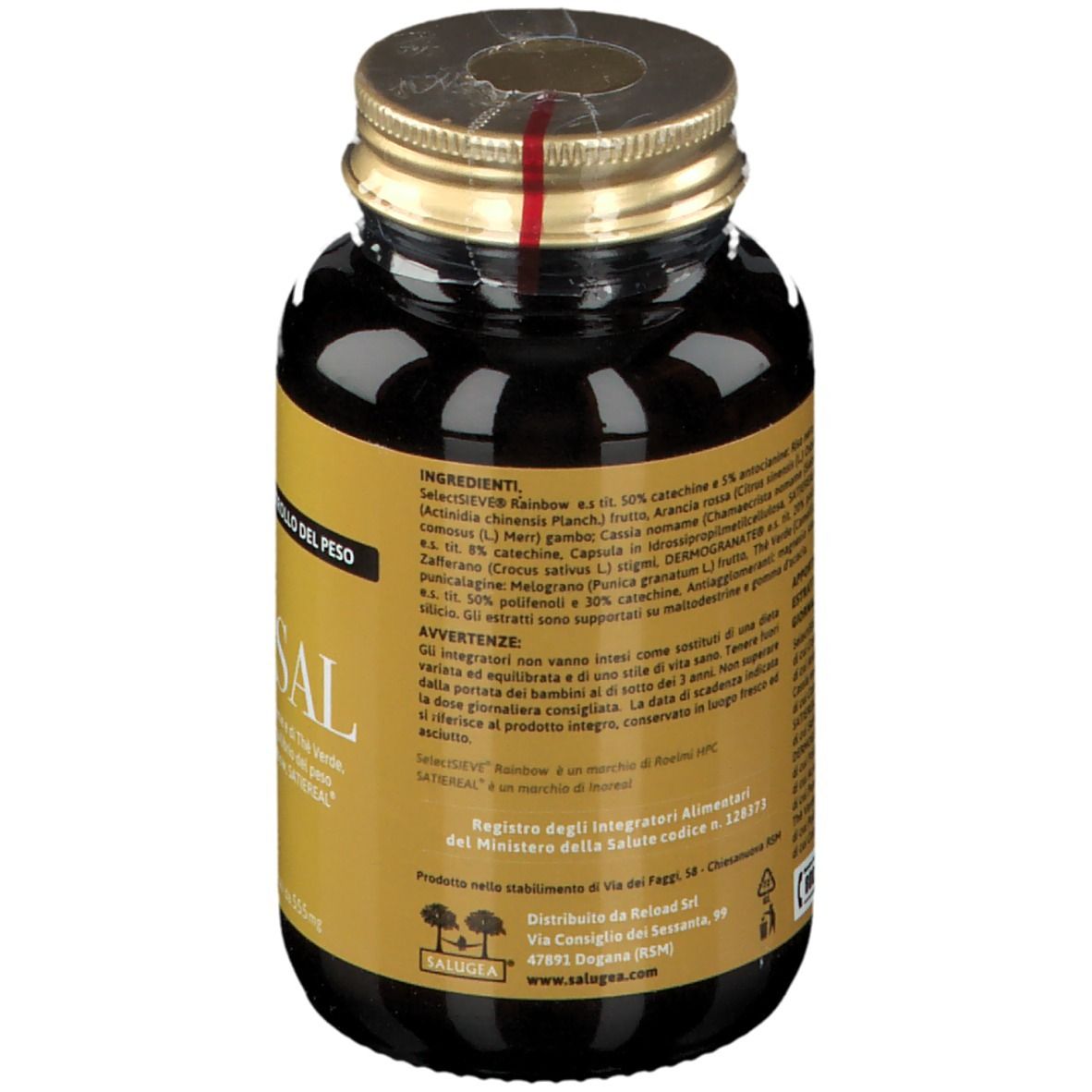 Retro del flacone di vetro marrone. Etichetta con ingredienti e informazioni sul prodotto DIMASAL.