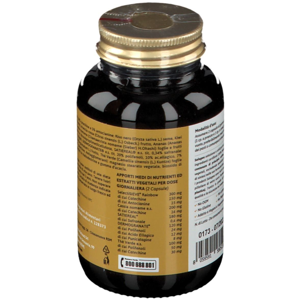 Retro del flacone di vetro marrone. Etichetta con informazioni nutrizionali e su DIMASAL.