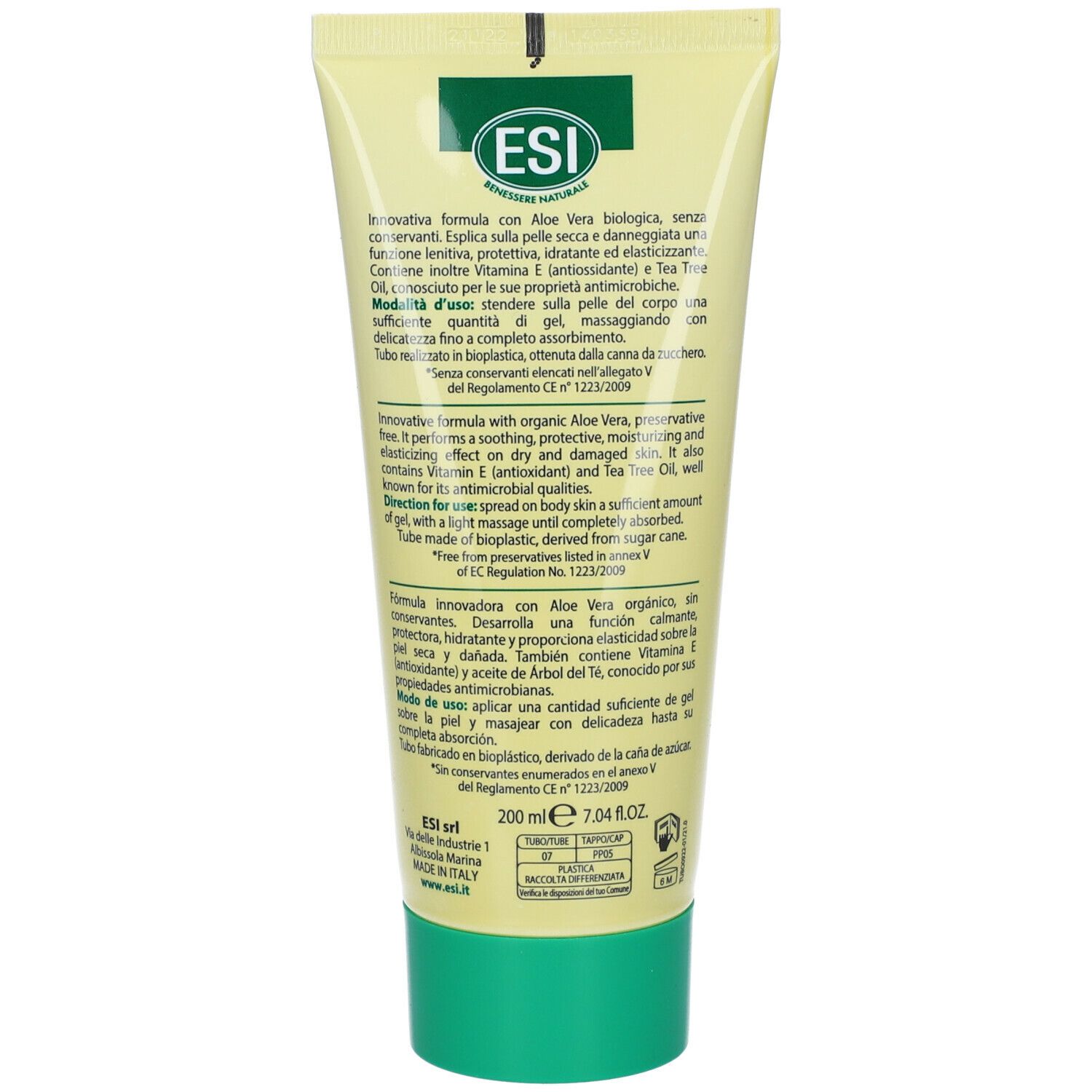 Retro del tubo di gel. Testo: ingredienti, istruzioni per l'uso, informazioni del produttore. Design verde-giallo.
