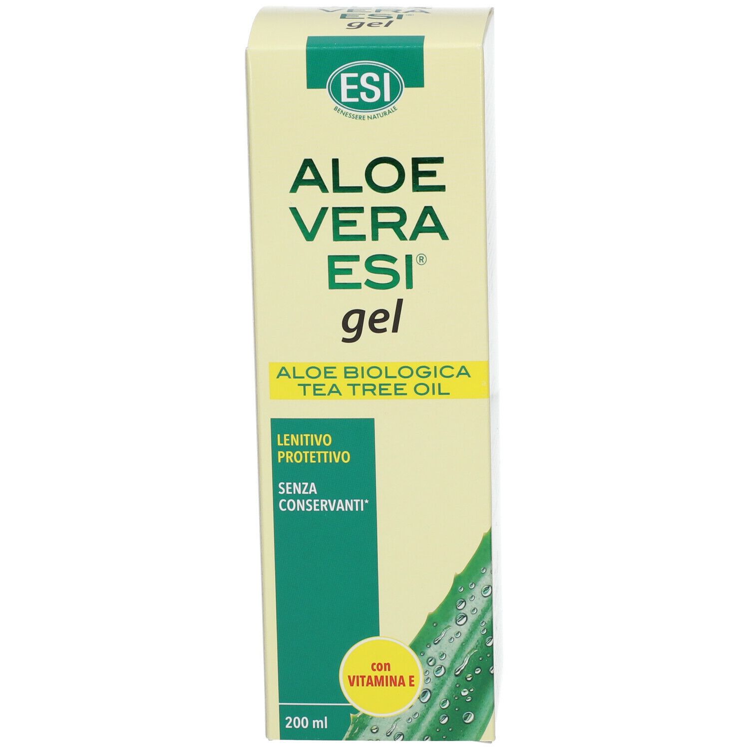 Confezione in cartone con Aloe Vera ESI® gel, vitamina E e Tea Tree Oil. Design verde-giallo. Testo: Aloe Vera ESI® gel.