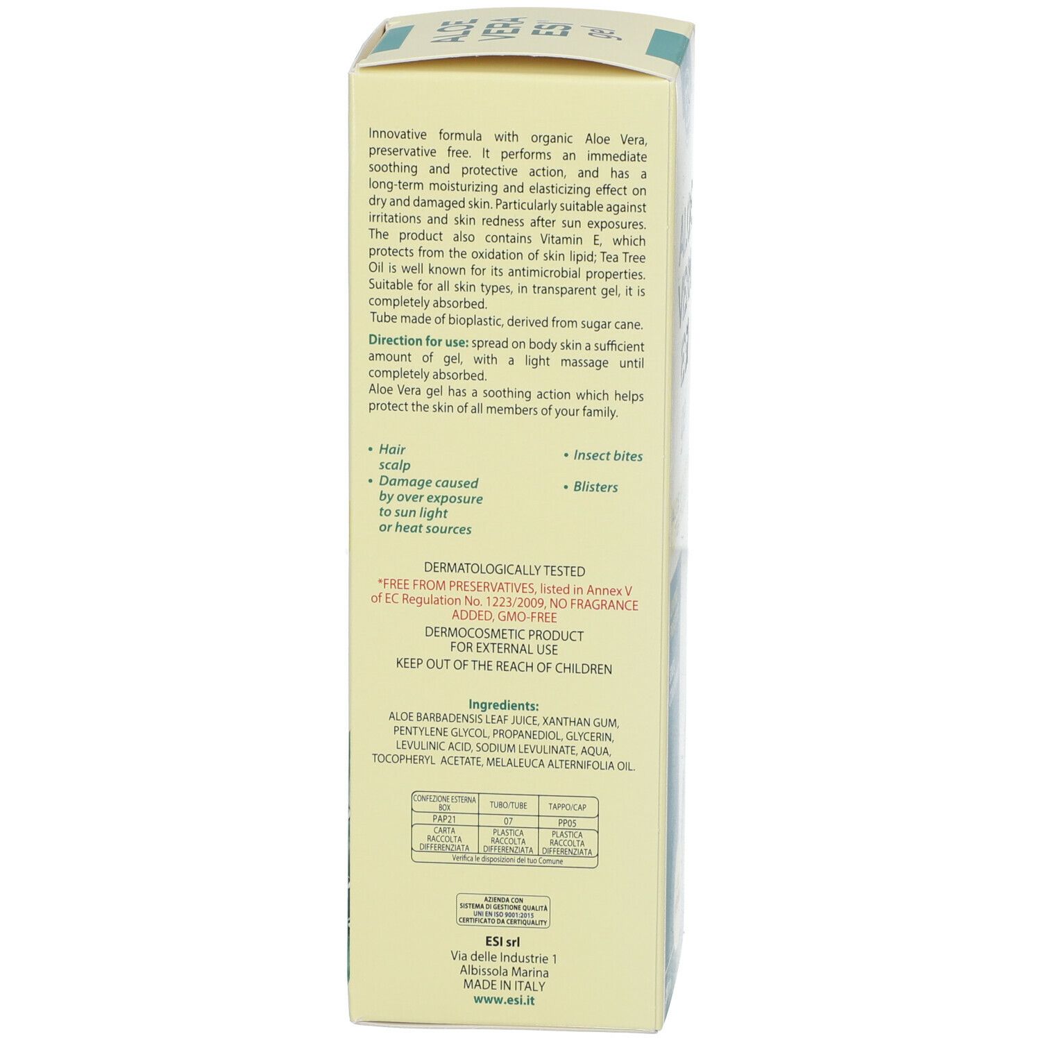 Confezione in cartone, dettaglio. Testo: ingredienti, istruzioni per l'uso, testato dermatologicamente. Design verde-giallo.