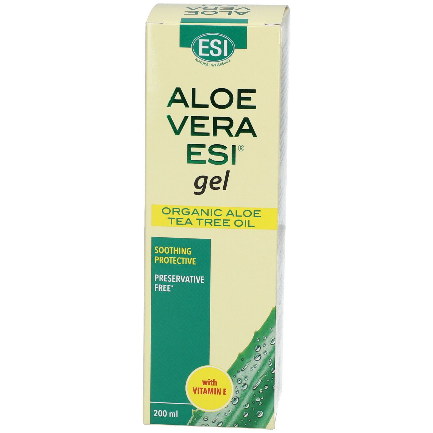 Confezione in cartone con Aloe Vera ESI® gel, vitamina E e Tea Tree Oil. Design verde-giallo. Testo: Aloe Vera ESI® gel.