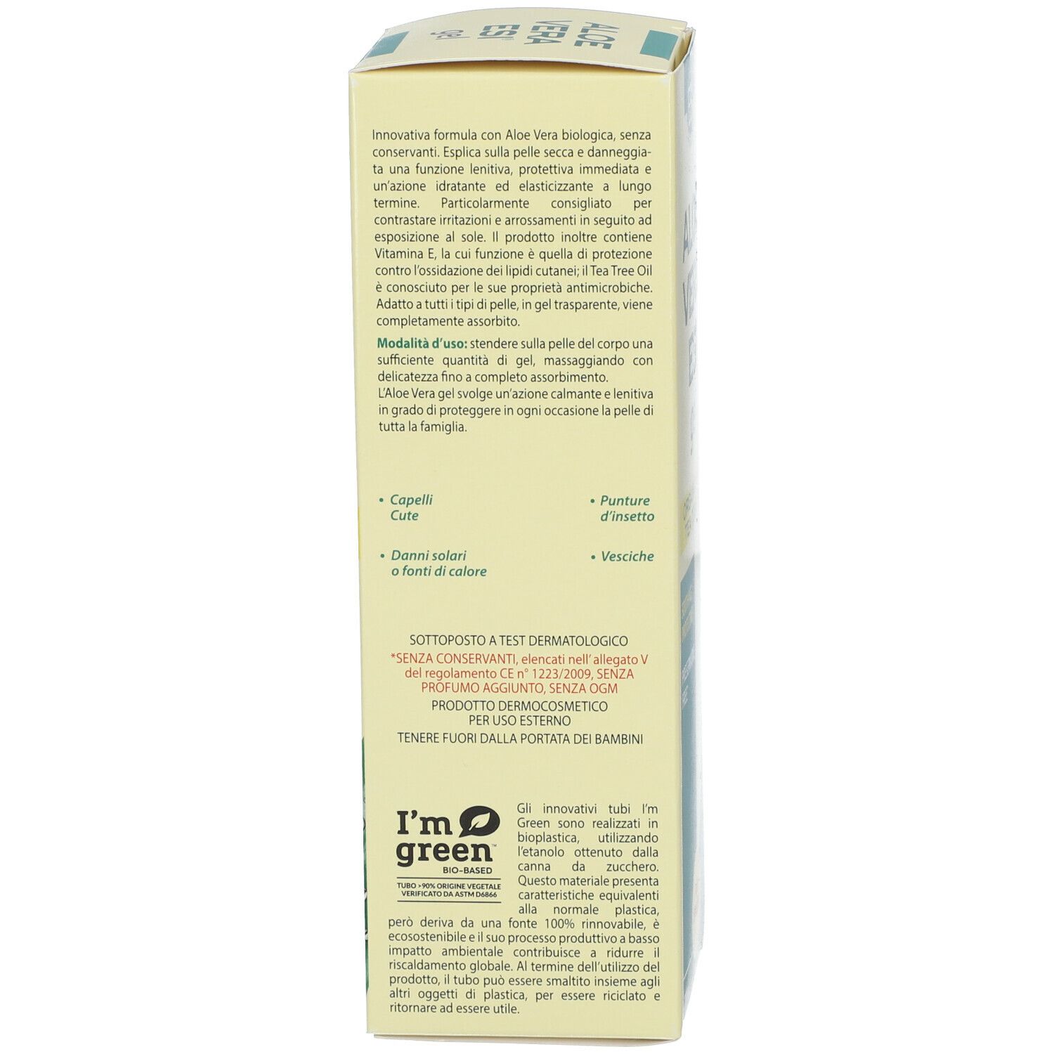 Retro della confezione in cartone. Testo: ingredienti, istruzioni per l'uso, informazioni del produttore. Design verde-giallo.