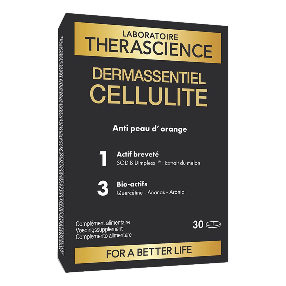 Schwarze Schachtel mit goldfarbenem Schriftzug. Enthält 30 Tabletten. Aufschrift: Dermassentiel Cellulite, Anti-Orangenhaut.