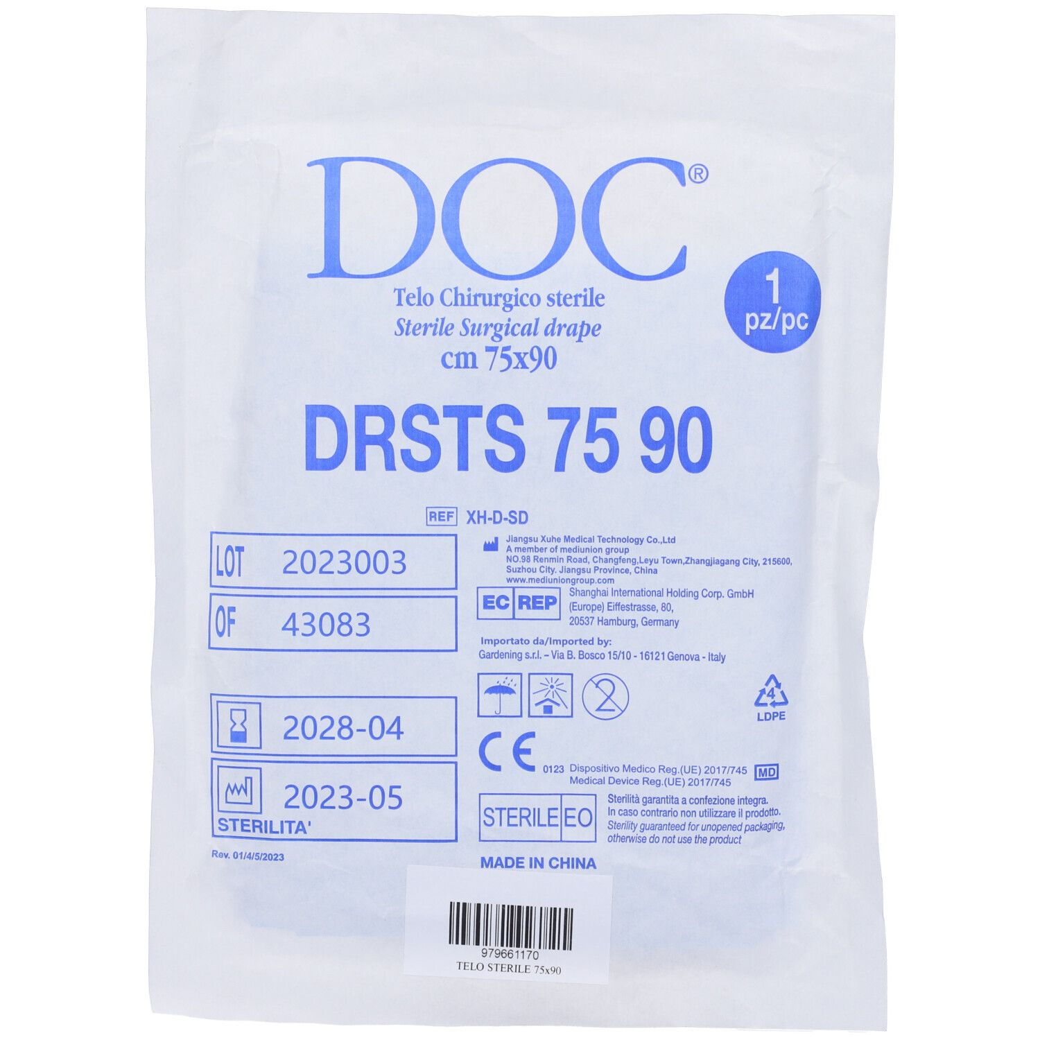 Confezione di telo chirurgico. Scritte: DOC, DRSTS 75 90, telo chirurgico sterile, 1 pz. Con marchio CE.