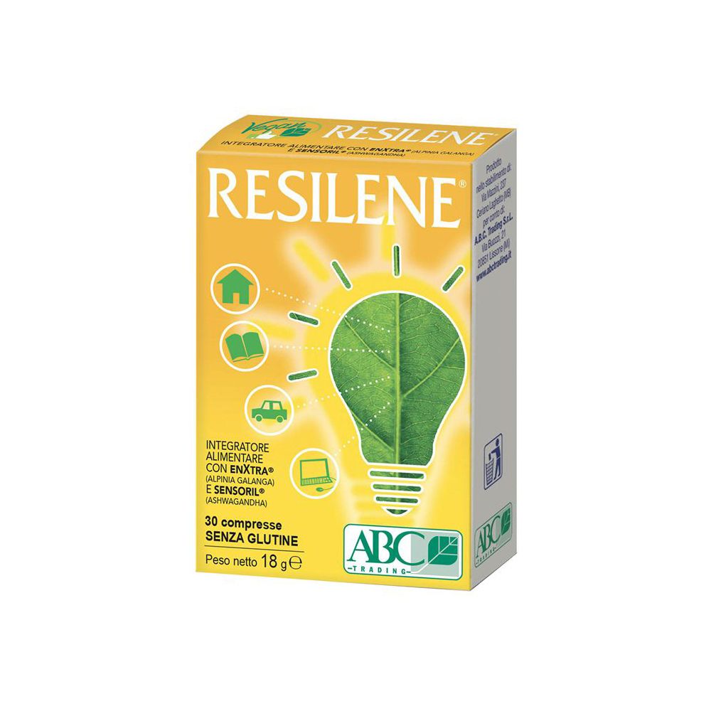 Scatola di compresse RESILENE. Sfondo giallo con lampadina a foglia verde. Testo: 30 compresse SENZA GLUTINE.