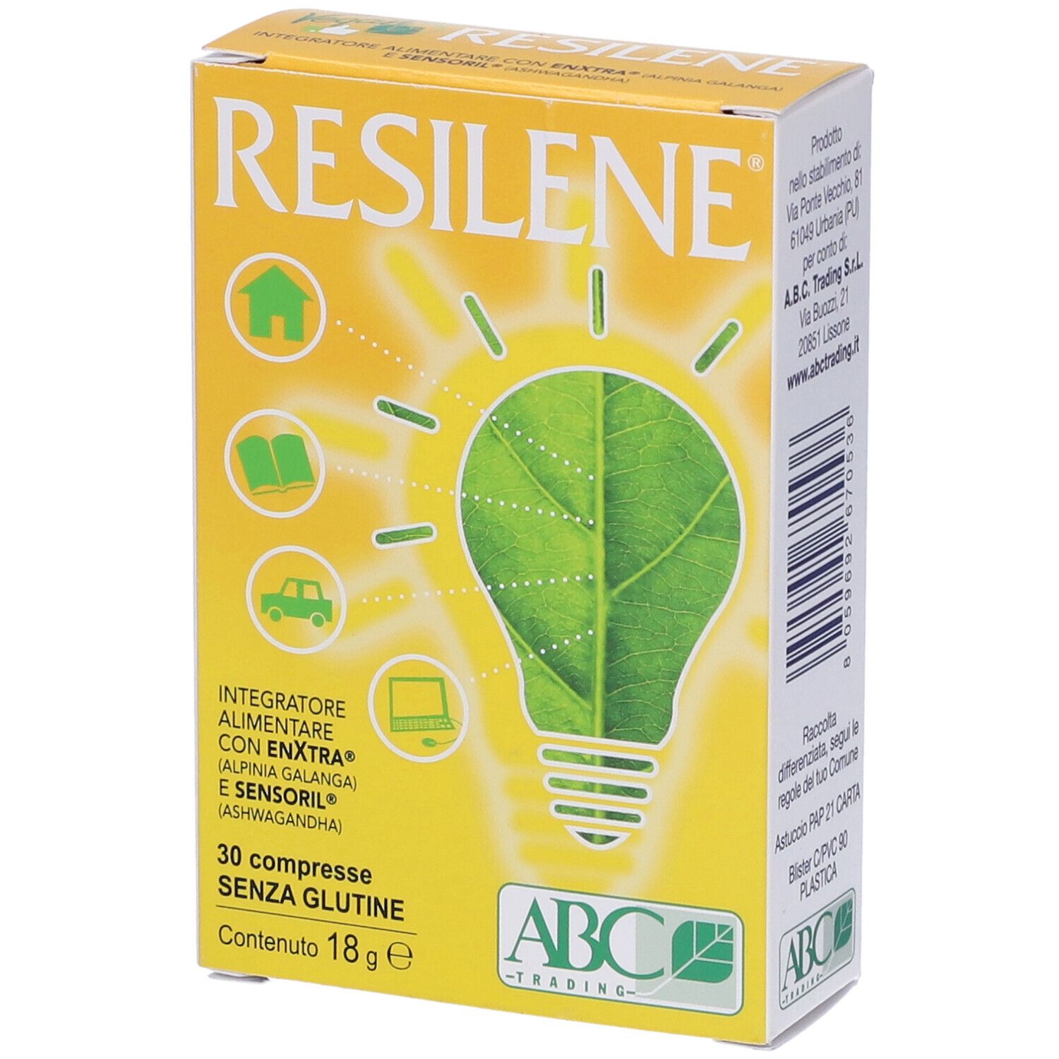 Scatola di compresse RESILENE. Sfondo giallo con lampadina a foglia verde. Testo: 30 compresse SENZA GLUTINE.