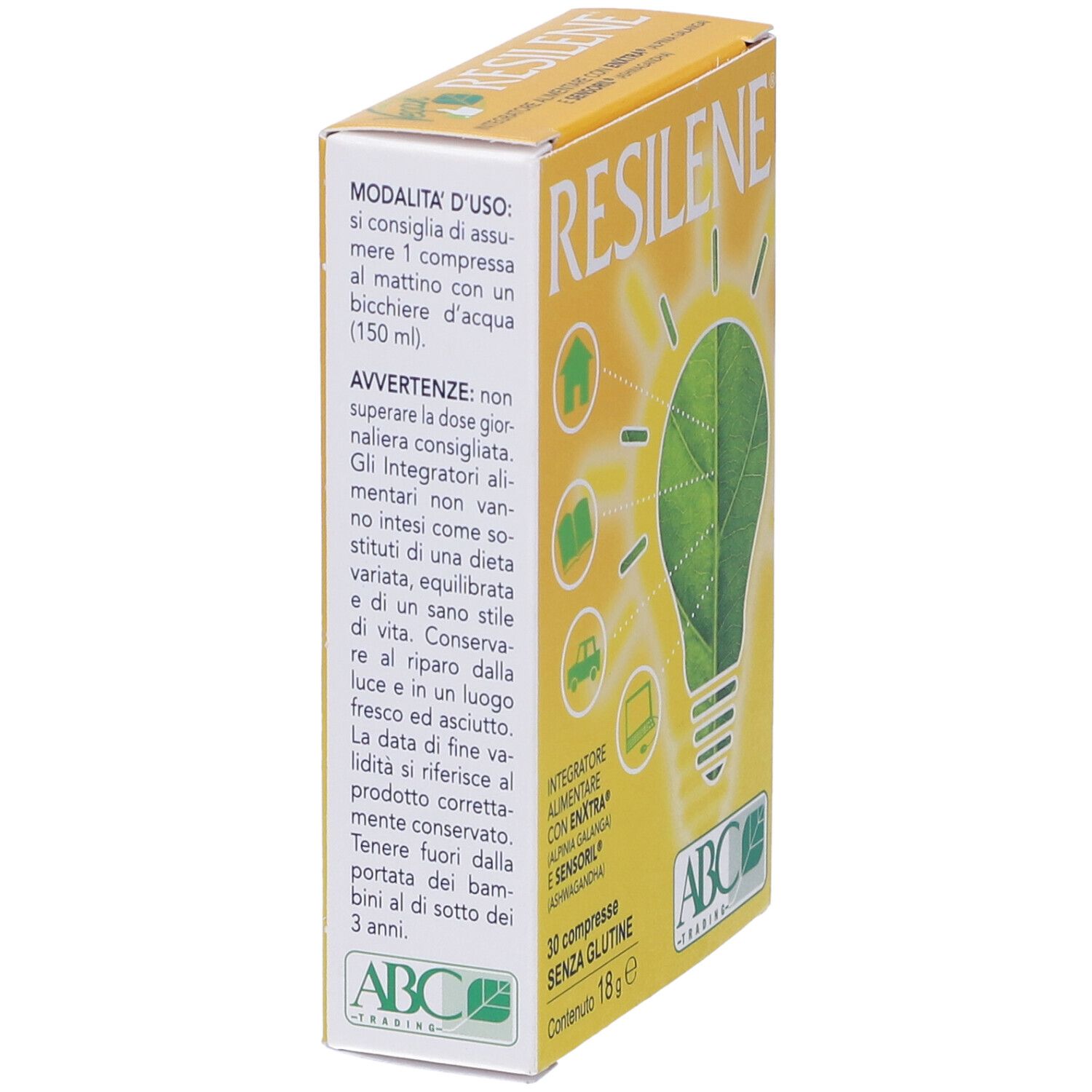Scatola di compresse RESILENE. Sfondo giallo con lampadina a foglia verde. Testo: 30 compresse SENZA GLUTINE.