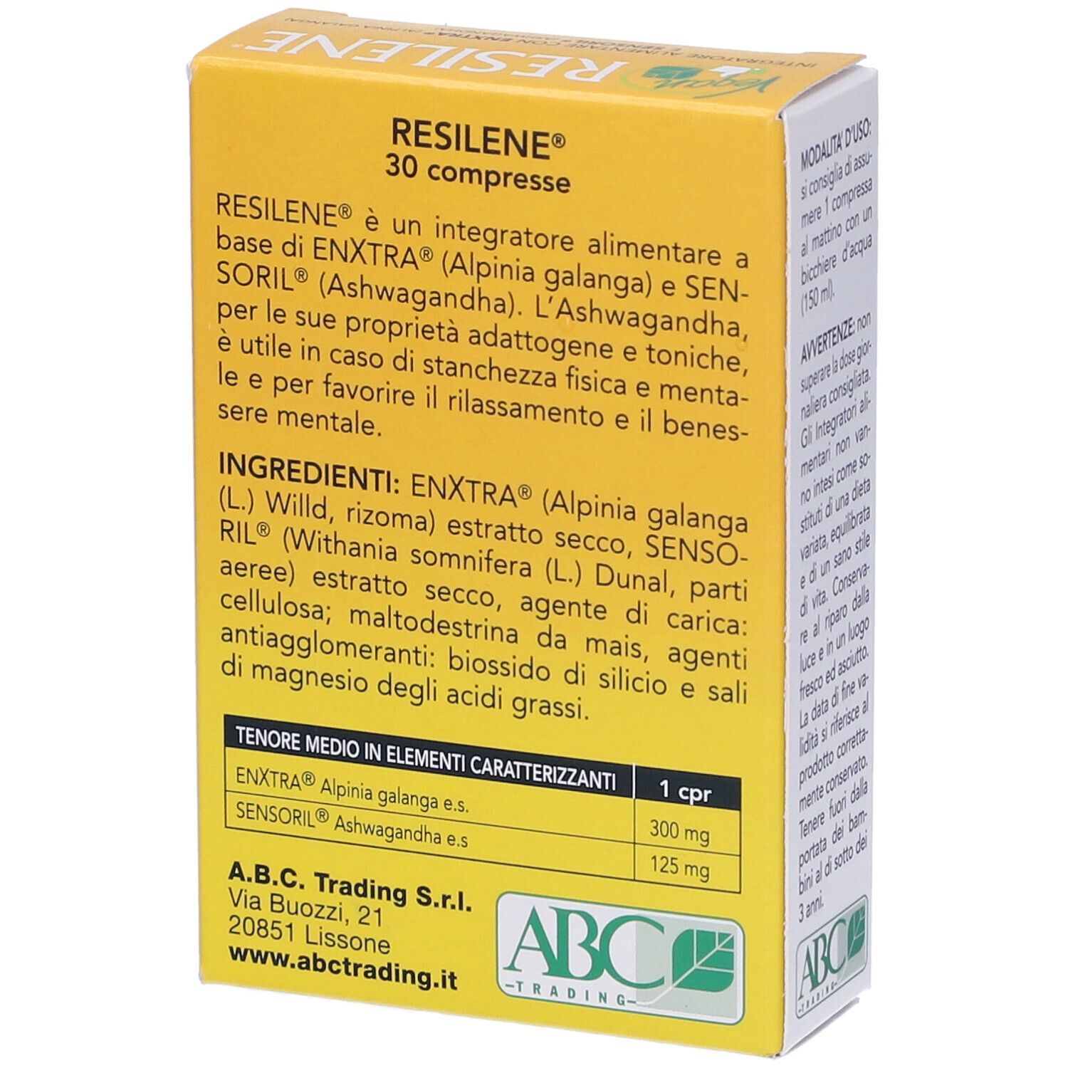 Scatola di compresse RESILENE. Sfondo giallo con lampadina a foglia verde. Testo: 30 compresse SENZA GLUTINE.