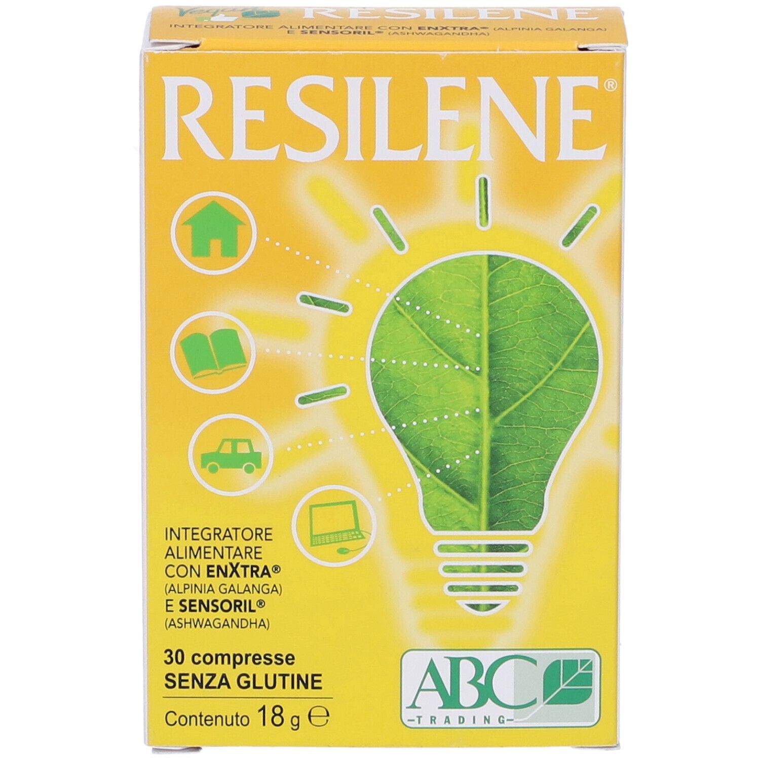 Retro della scatola di compresse RESILENE. Testo: ingredienti, dosaggio, informazioni produttore, codice a barre.
