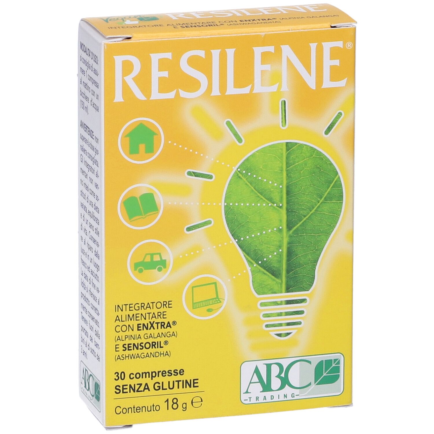 Scatola di compresse RESILENE. Sfondo giallo con lampadina a foglia verde. Testo: 30 compresse SENZA GLUTINE.