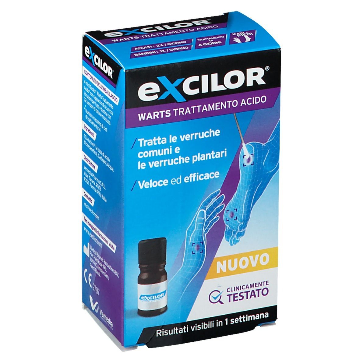 Confezione di Excilor® Warts Trattamento Acido. Include flacone e illustrazione di piedi e mani. Testo: 'NUOVO' e 'CLINICAMENTE TESTATO'.