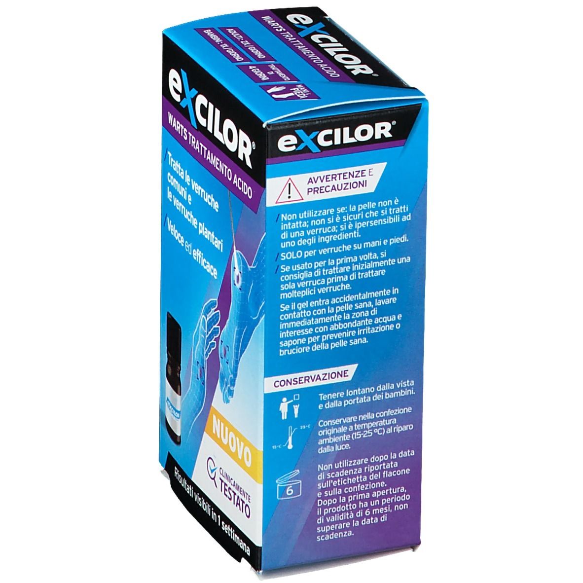Retro della confezione Excilor® Warts Trattamento Acido. Contiene avvertenze e un'illustrazione. Testo: 'NUOVO' e 'CLINICAMENTE TESTATO'.